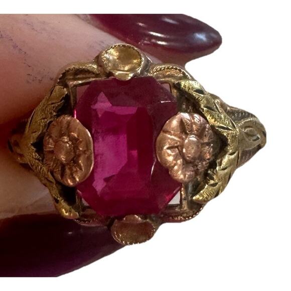 Antique Ostby Barton OB 10K Gold Ruby Ring Art Nouveau Floral As Is